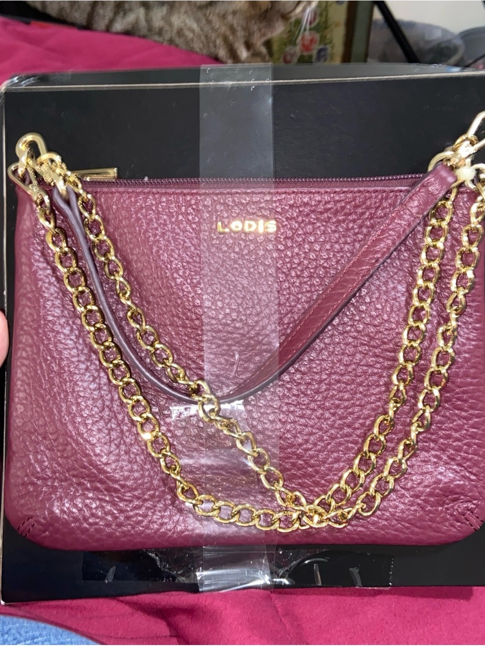 Lodis Pebbled Crossbody Bag in Burgundy with Gold Chain